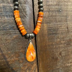 Native American spiny oyster with sterling silver beaded necklace & pendant